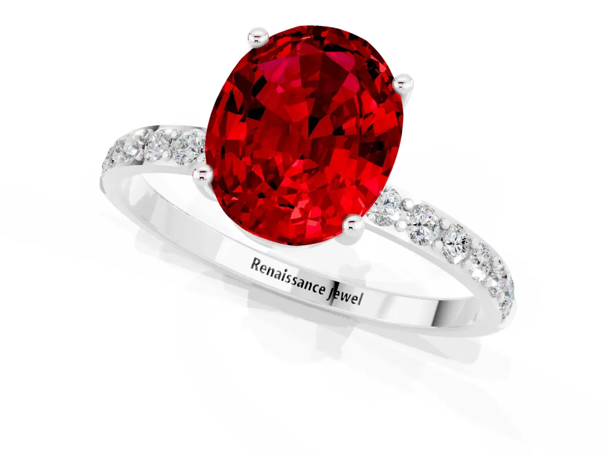 Oval Cut Ruby Solitaire Ring with Round Pavé Band and Prong Setting Silver