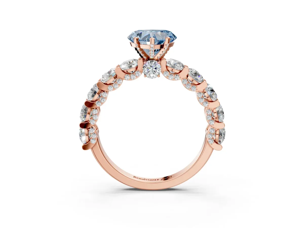 Fancy Blue Heart Cut Diamond Side Stone Engagement Ring with Four-Prong Setting Rose gold