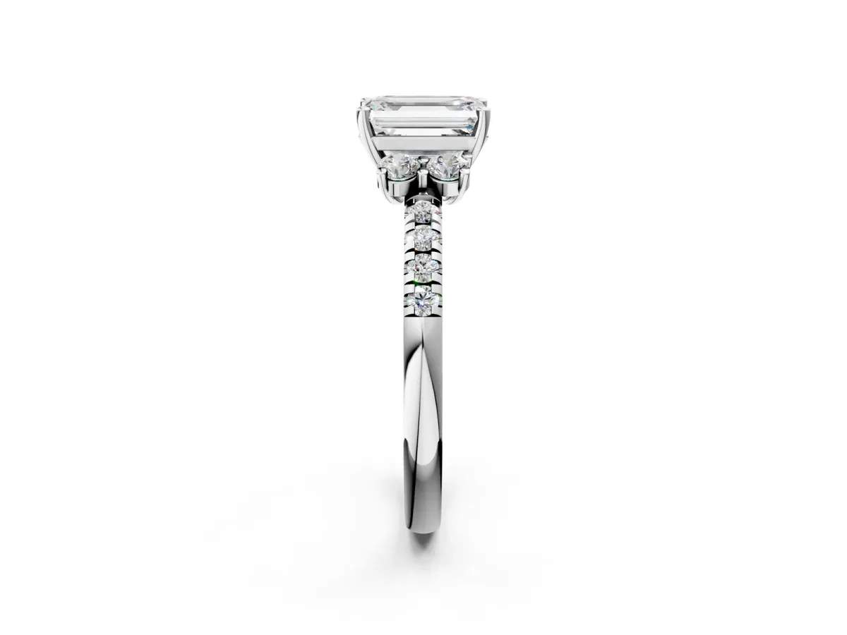 Emerald Cut Diamond Three-Stone Pave Band with Four-Prong Setting Silver