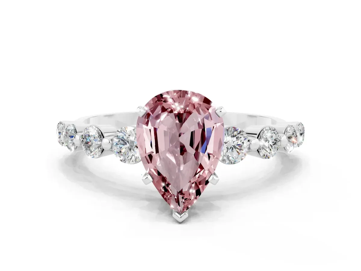 Pear Cut Solitaire Morganite Ring with Pave Band and Four-Prong Setting Silver