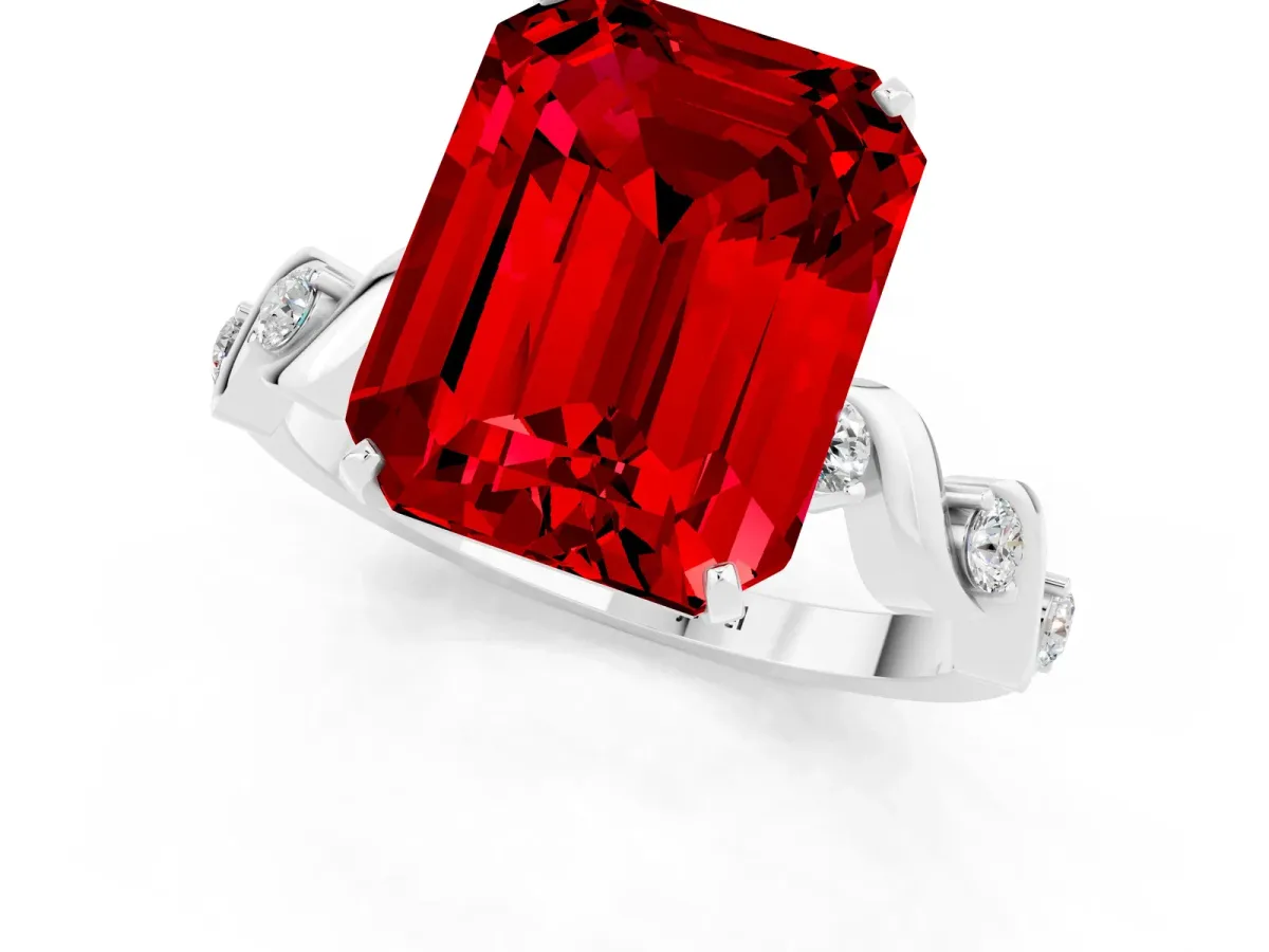 Emerald Cut Ruby Solitaire Twisted Band with Round Accents and Prong Setting Platinum