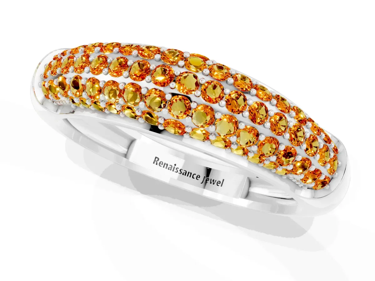 Three-Row Pavé Round Citrine Dome Band Platinum