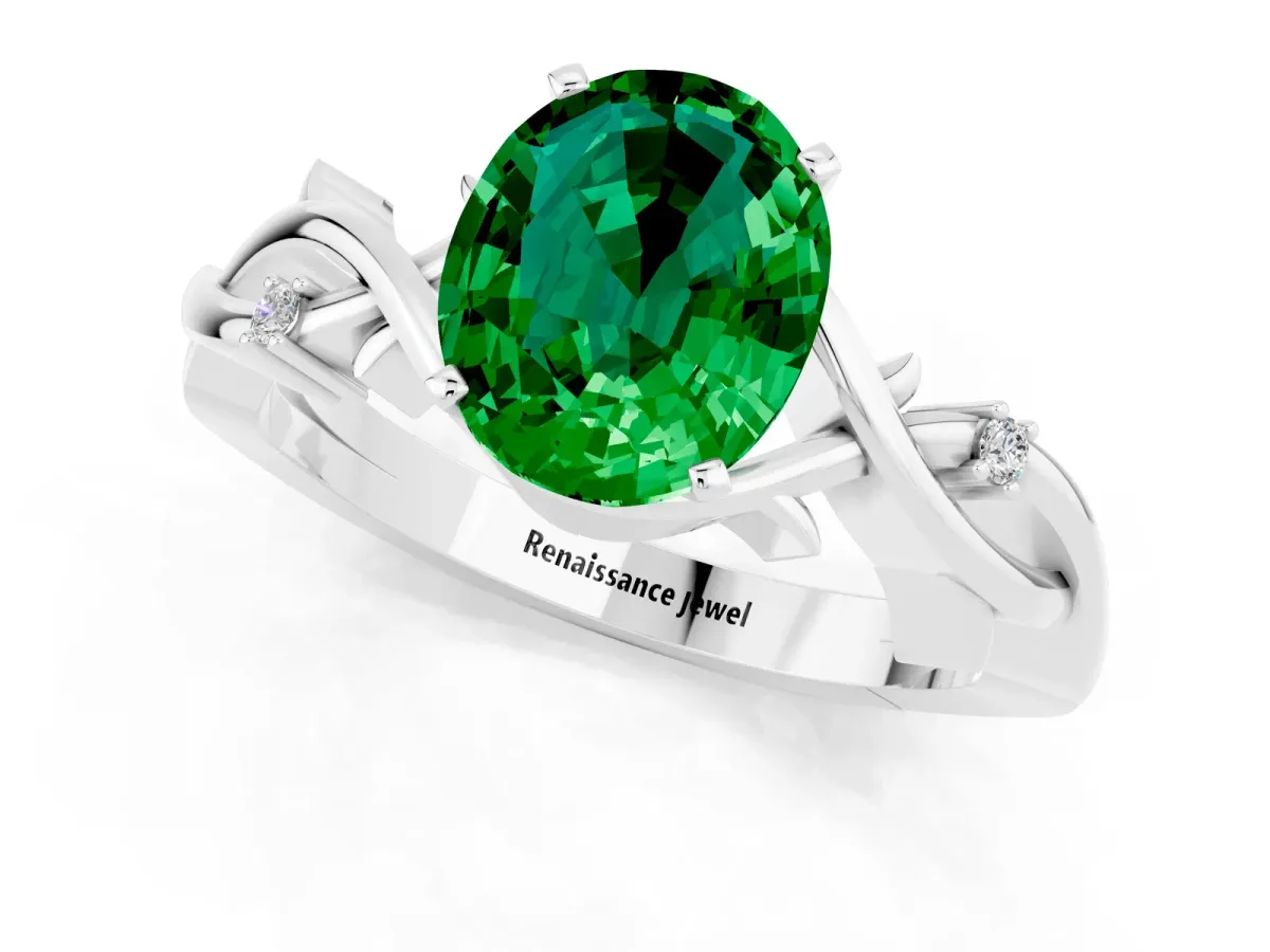 Oval Cut Emerald Solitaire Ring with Twisted Band and Prong Setting Silver