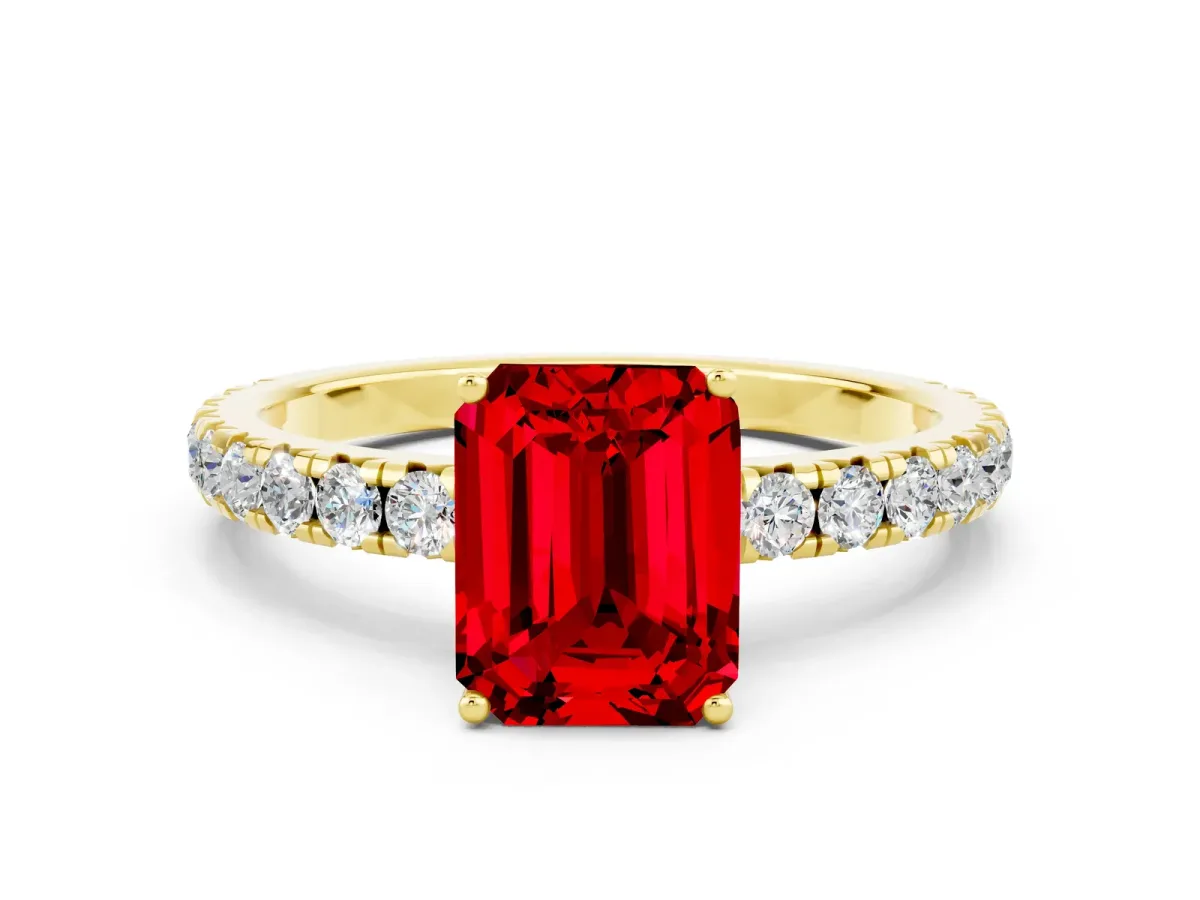 Emerald Cut Ruby Pavé Solitaire Engagement Ring with Four-Prong Setting Yellow gold