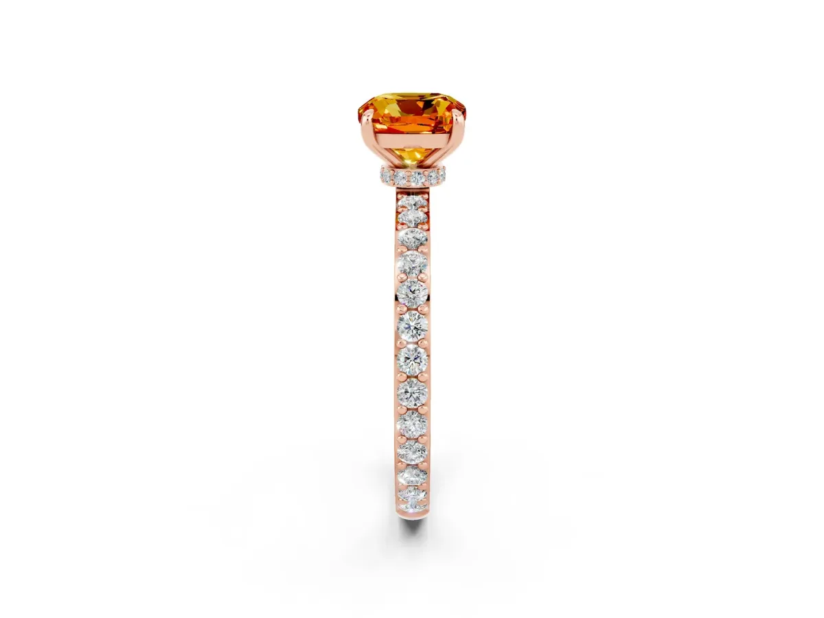 Cushion Cut Citrine Solitaire Engagement Ring with Pavé Band and Four-Prong Setting Rose gold