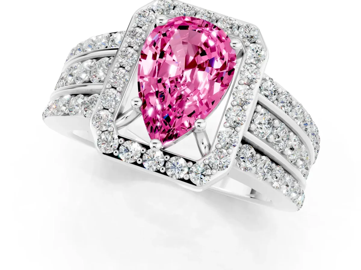 Pear Cut Halo Pink Sapphire Ring with Round Split Shank and Prong Setting Silver