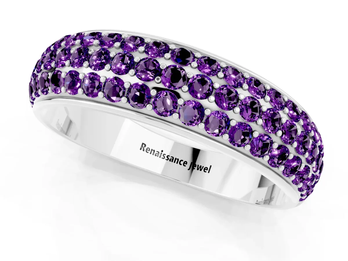 Three-Row Round Amethyst Eternity Band with Shared Prong Setting Silver
