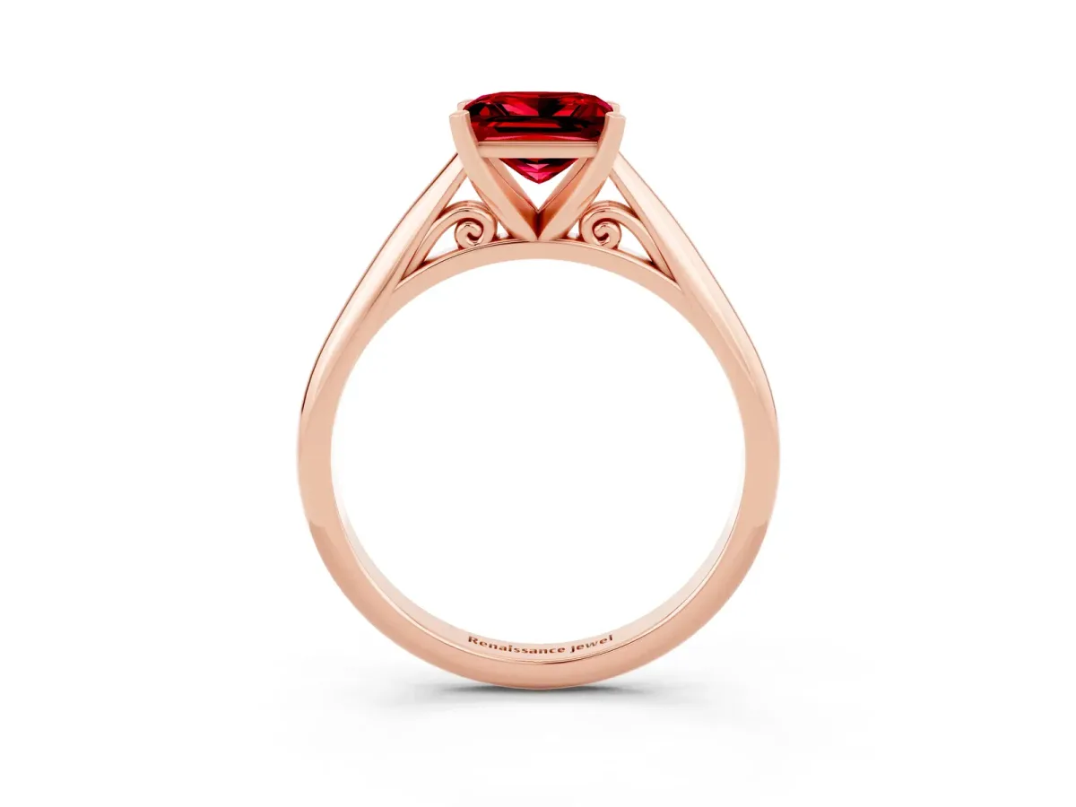 Princess Cut Ruby Solitaire Engagement Ring with Cathedral Setting and Four-Prong Mount Rose gold