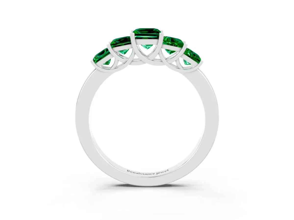 Princess Cut Five-Stone Emerald Ring with Classic Prong Setting Silver