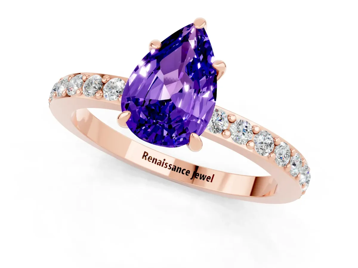 Pear Cut Tanzanite Solitaire Engagement Ring with Pavé Band and Four-Prong Setting Rose gold