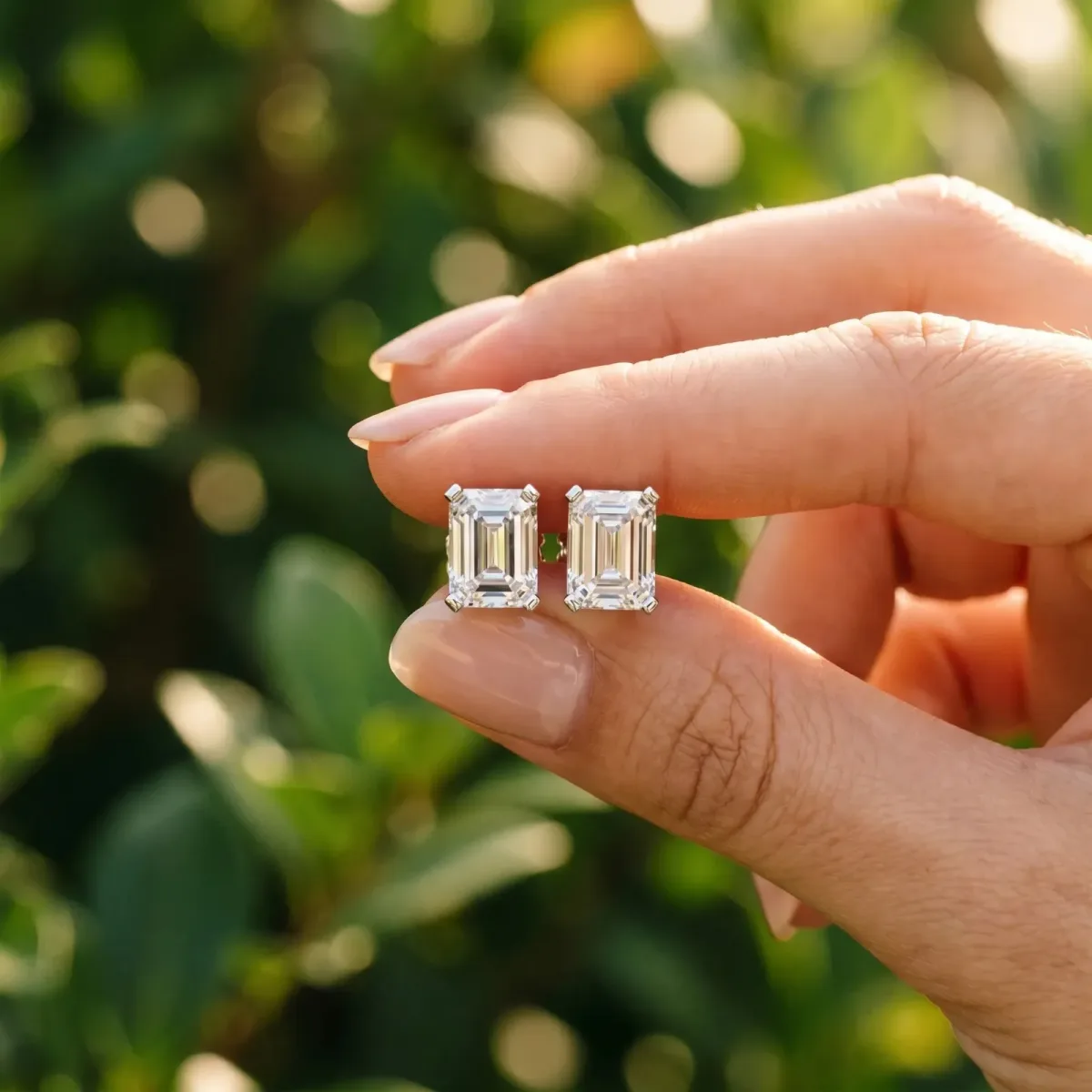 Emerald Cut Diamond Stud Earrings White gold