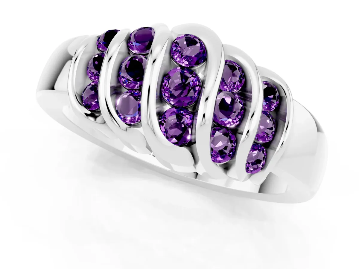 Round Amethyst Multi-Row Crossover Band Silver
