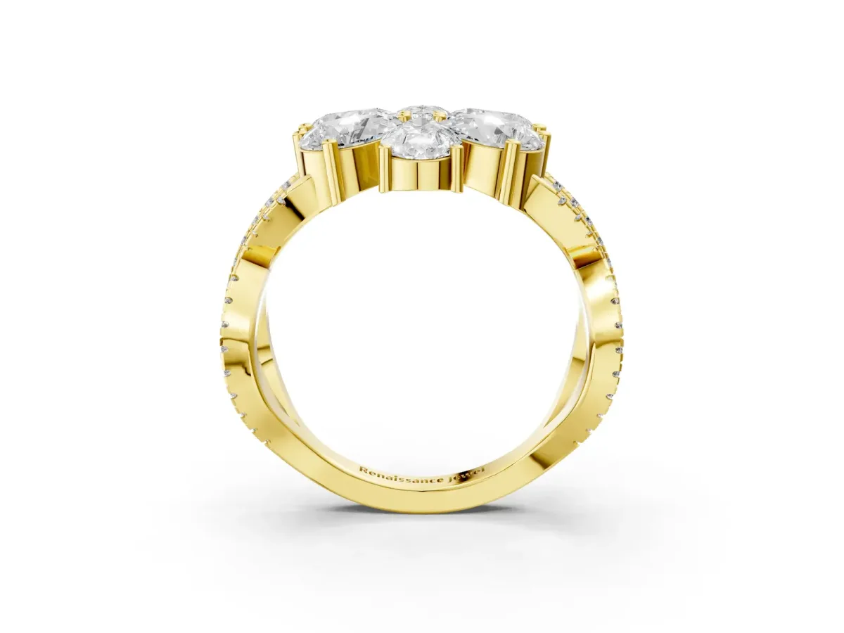 Pear Diamond Floral Ring with Round Diamond Accents Yellow gold