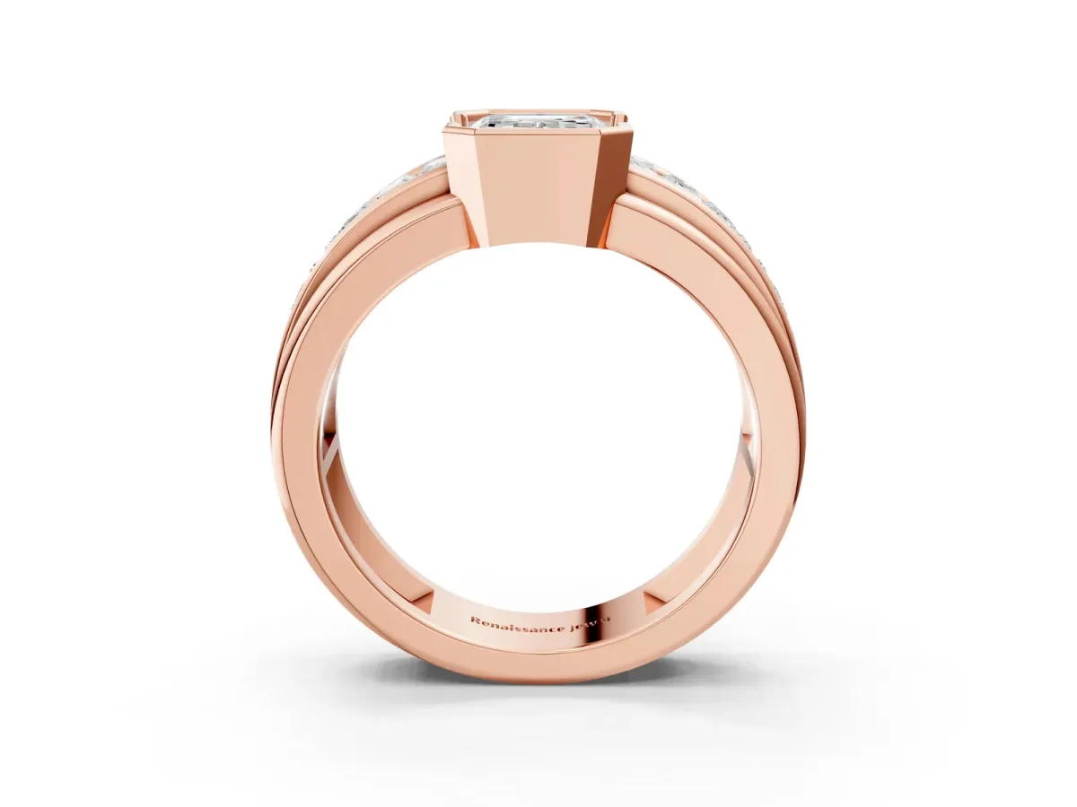 Emerald Cut Diamond Side Stone Engagement Ring Rose gold