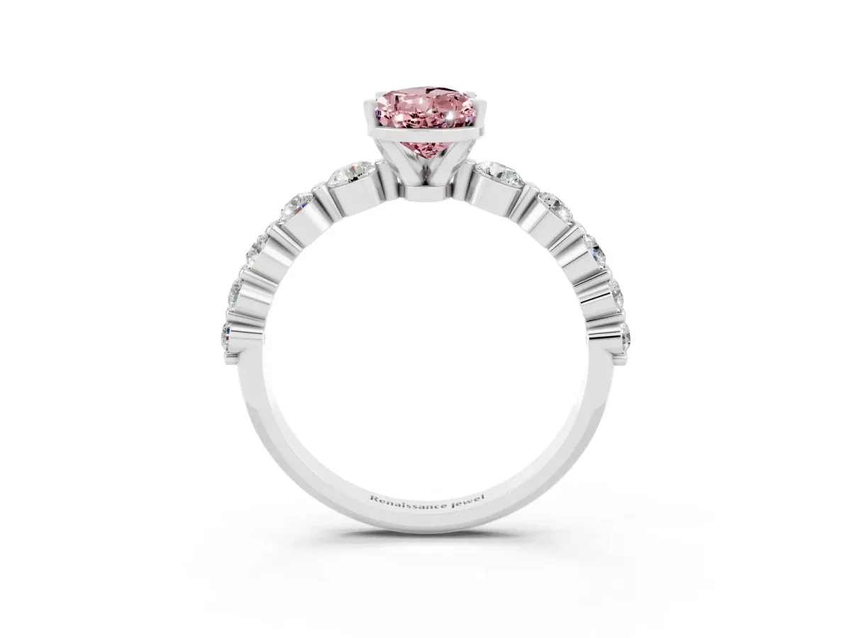 Pear Cut Solitaire Morganite Ring with Pave Band and Four-Prong Setting Silver