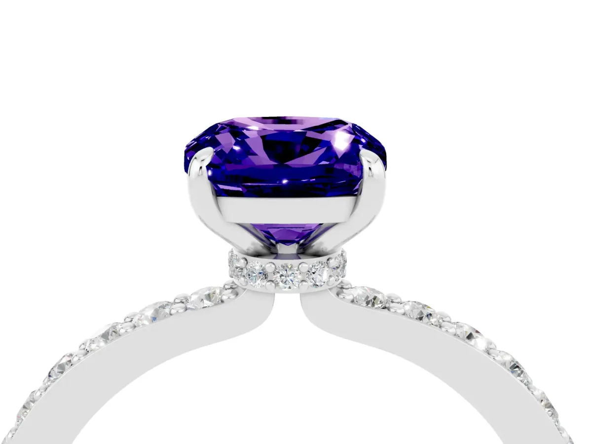 Cushion Cut Tanzanite Solitaire Engagement Ring with Pavé Band and Four-Prong Setting White gold