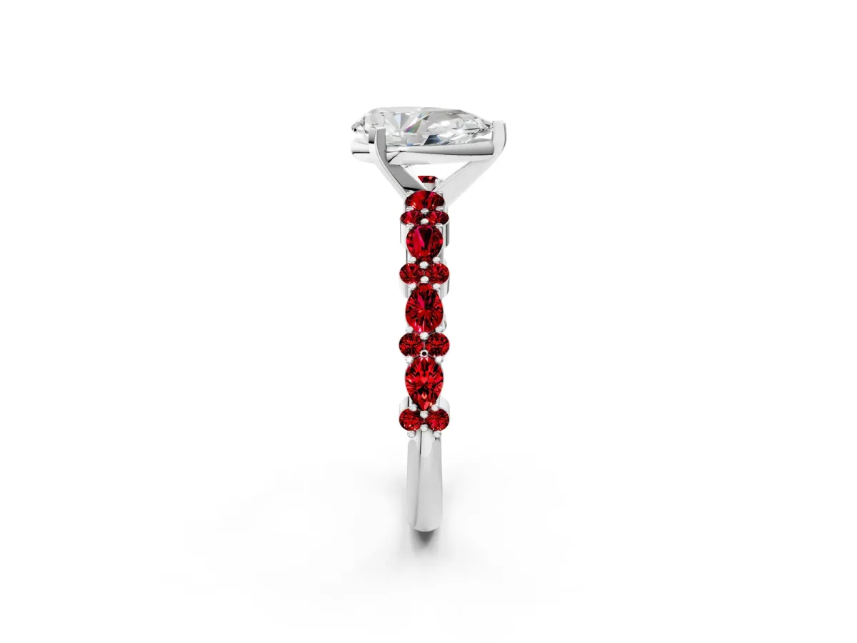 Pear Cut Diamond Side Stone Solitaire Ring with Round Ruby and Four-Prong Setting Silver