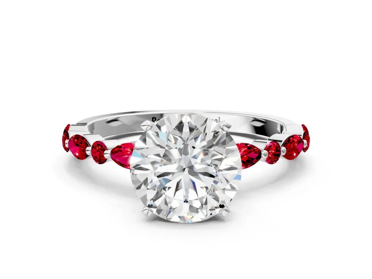 Round Cut Diamond Ring with Marquise and Round Ruby Side Stones and Four-Prong Setting Silver