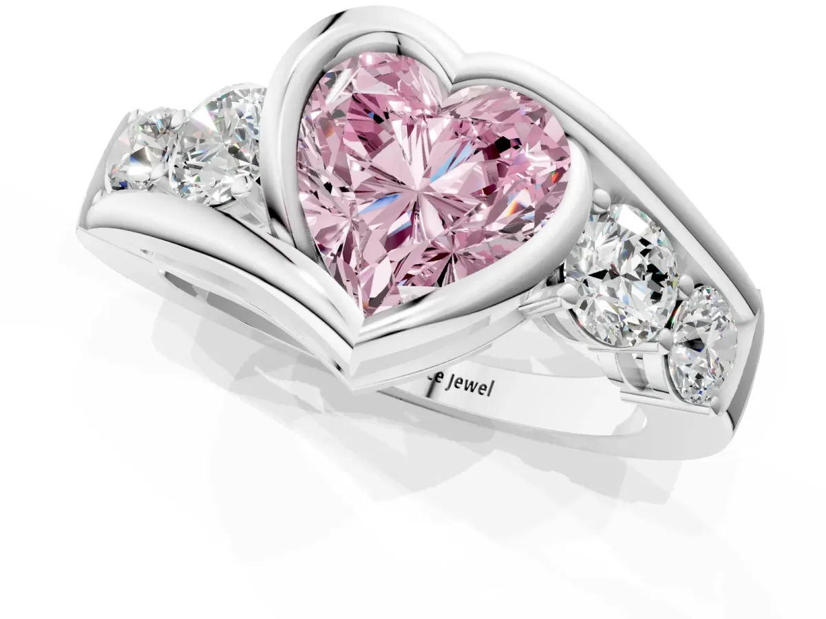Fancy Pink Bezel Set Heart Cut Diamond Bypass Ring with Round Accents Platinum