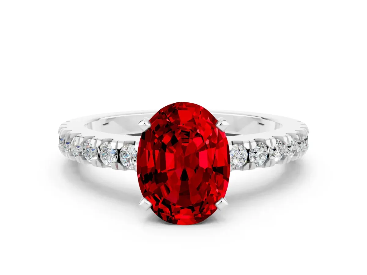Oval Cut Solitaire Ruby with Pavé Band and Four-Prong Setting White gold