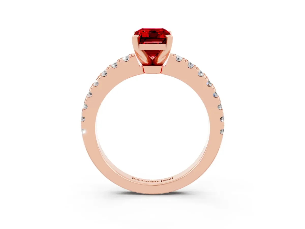 Emerald Cut Solitaire Ruby with Pavé Band and Four-Prong Setting Rose gold