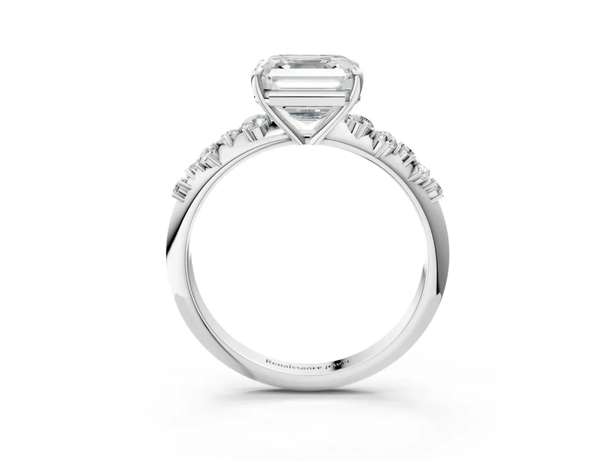 Asscher Cut Diamond Cluster Side Stone Solitaire Ring with Prong Setting Platinum