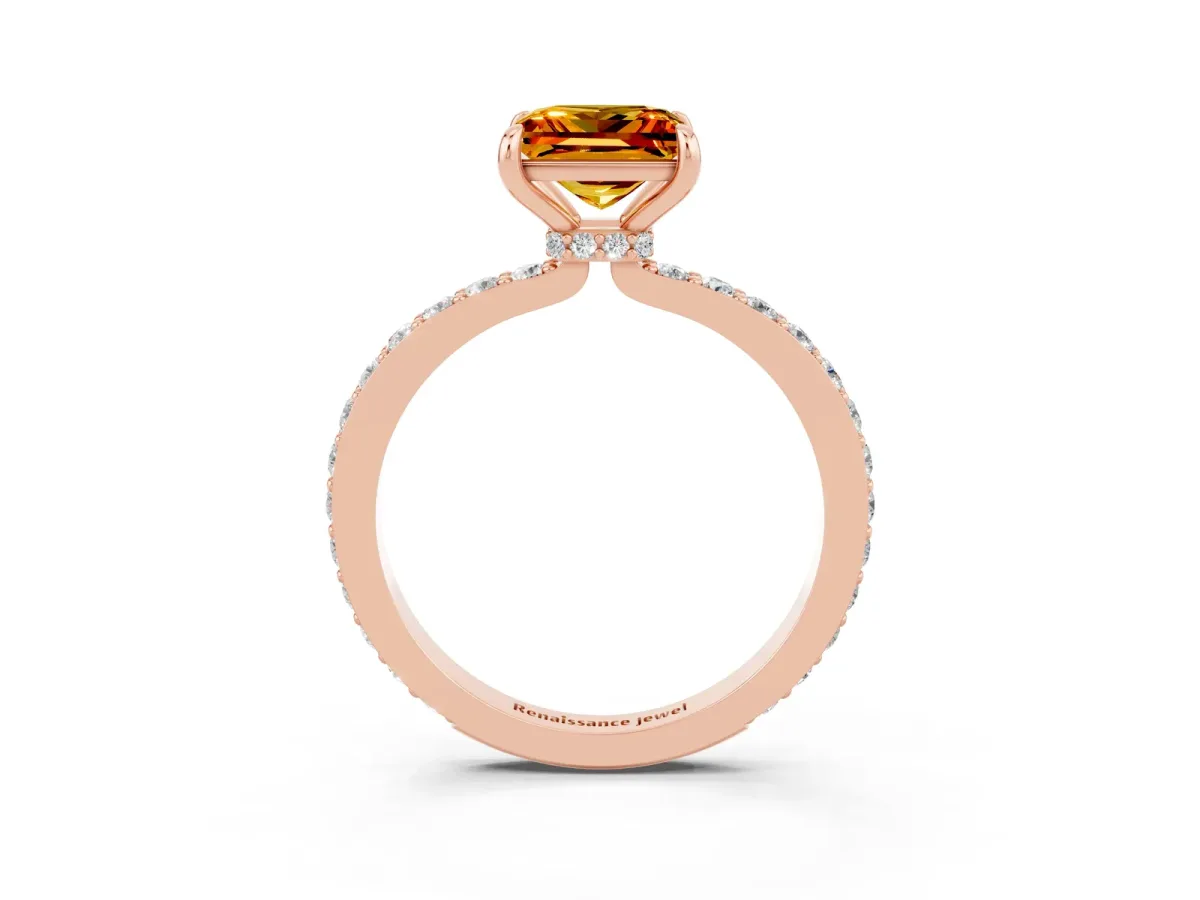 Princess Cut Citrine Solitaire Engagement Ring with Pavé Band and Four-Prong Setting Rose gold