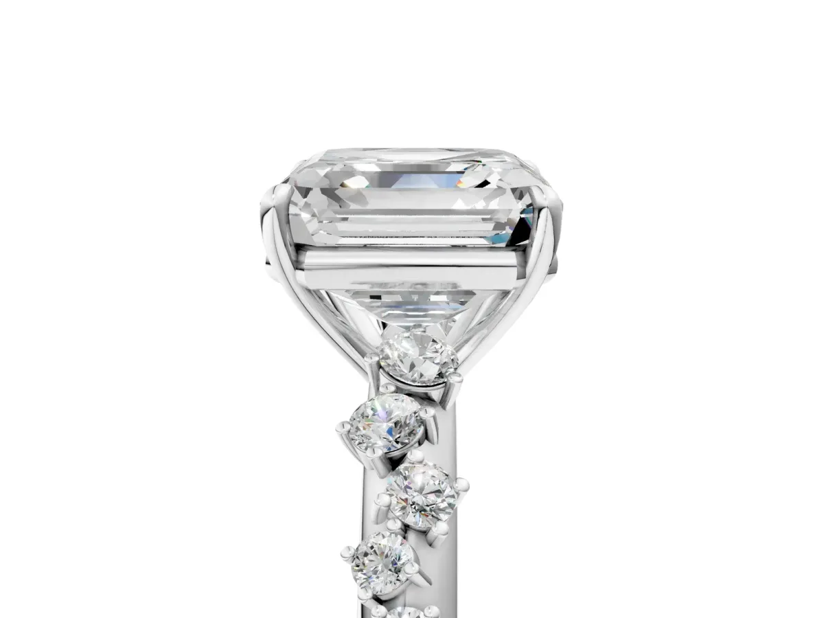 Asscher Cut Diamond Cluster Side Stone Solitaire Ring with Prong Setting Platinum