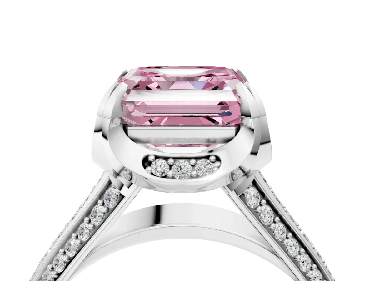 Fancy Pink Asscher Cut Solitaire Pave Split Shank Ring with Four-Prong Setting Platinum