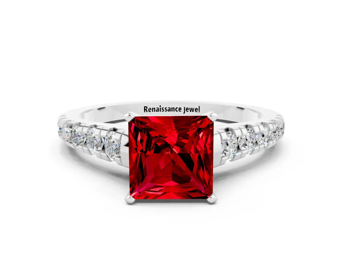 Princess Cut Ruby Cathedral Solitaire Ring with Round Pavé Band White gold