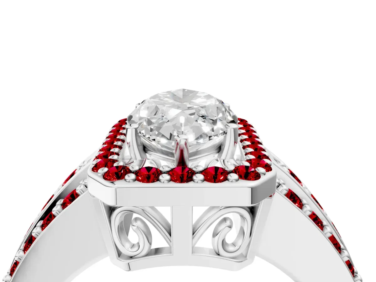 Marquise Cut Halo Diamond Ring with Round Ruby Split Shank and Prong Setting Platinum