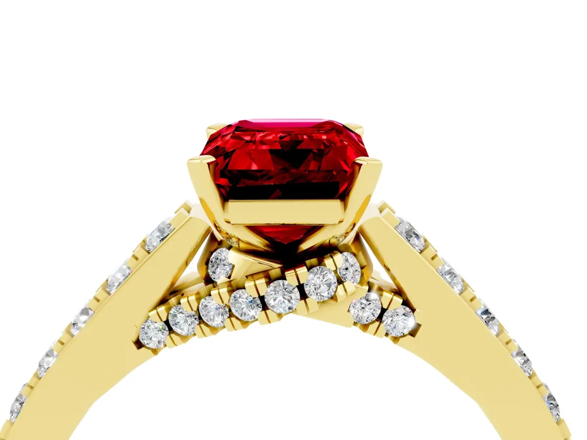 Emerald Cut Ruby Solitaire Ring with Crossover Gallery and Round Pavé Band Yellow gold