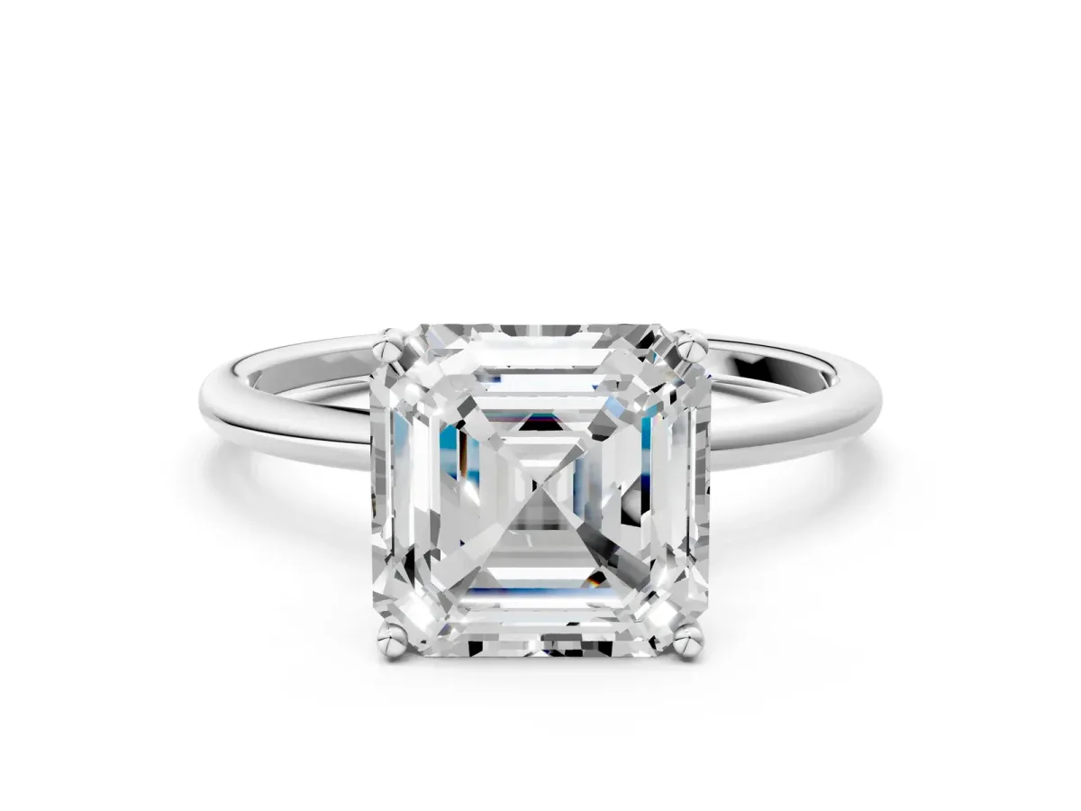 Asscher Cut Cut Solitaire Engagement Ring with Thin Band and Four-Prong Setting Platinum