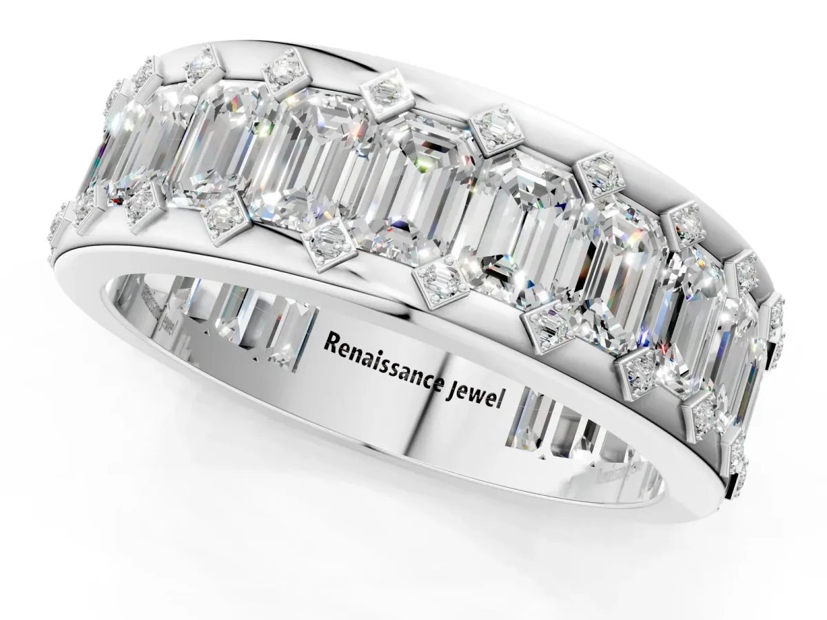 Emerald Cut and Round Diamond Eternity Mens Band Silver