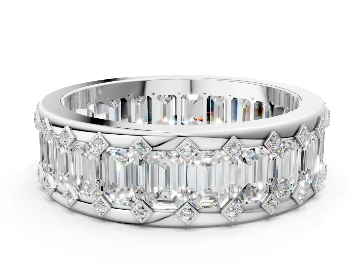 Emerald Cut and Round Diamond Eternity Mens Band Silver