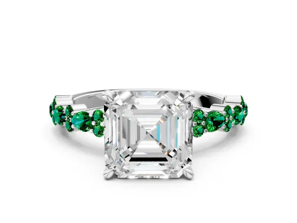 Asscher Cut Diamond Side Stone Solitaire Ring with Round Emerald and Four-Prong Setting Platinum