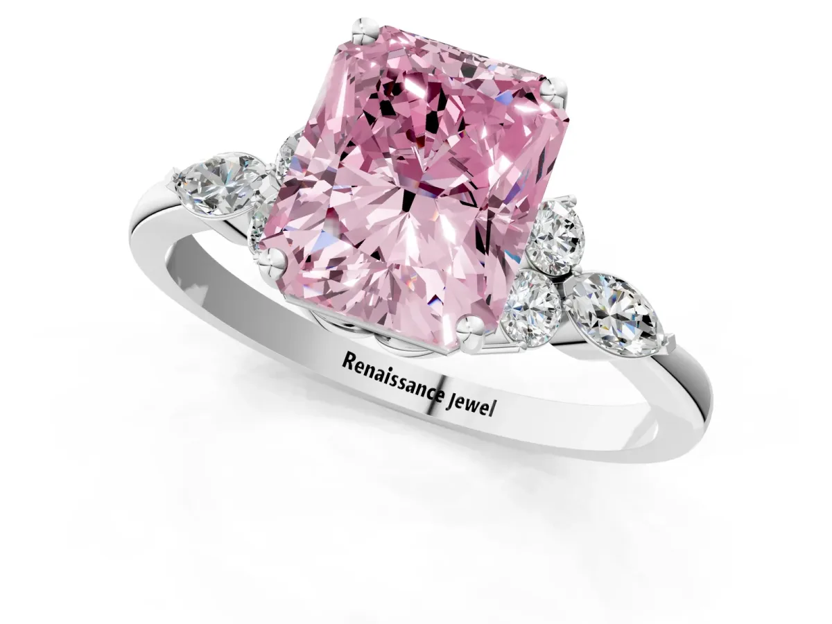 Fancy Pink Radiant Cut Brilliant Diamond Solitaire Ring with Pear Side Stones and Four-Prong Setting Platinum