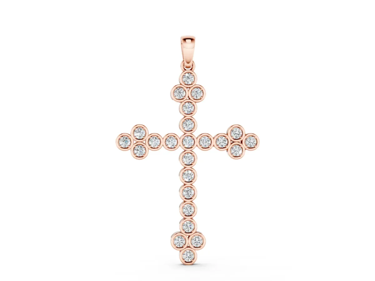Round Diamond Bezel Set Cross Pendant Rose gold