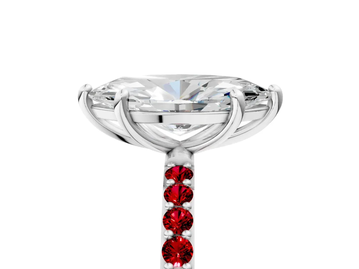Marquise Cut Diamond Solitaire Ring with Round Ruby Pavé Band and Prong Setting Silver