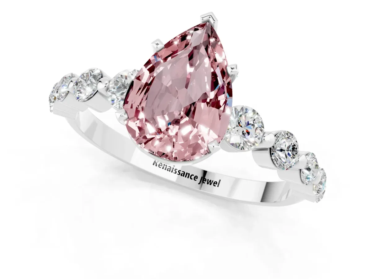 Pear Cut Solitaire Morganite Ring with Pave Band and Four-Prong Setting Silver