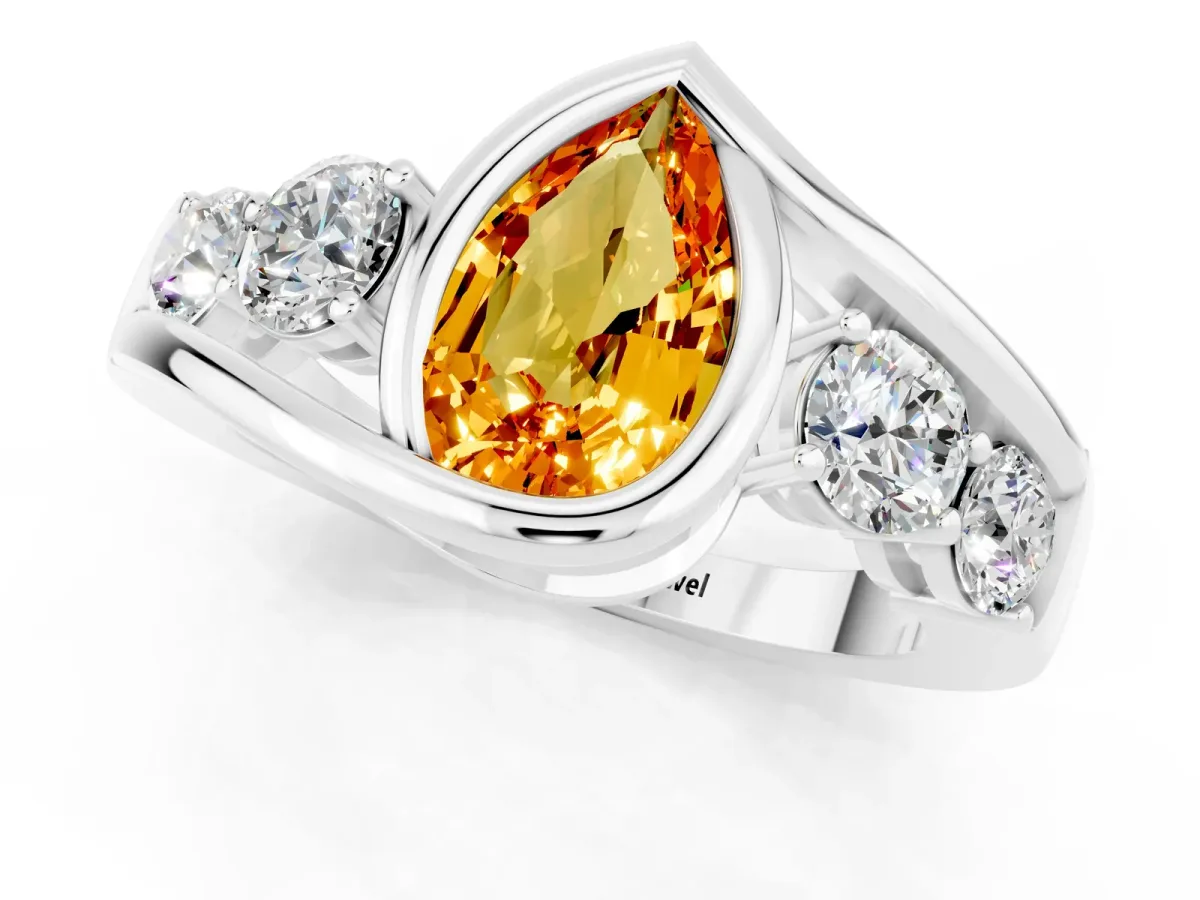 Bezel Set Pear Cut Citrine Bypass Ring with Round Accents Silver