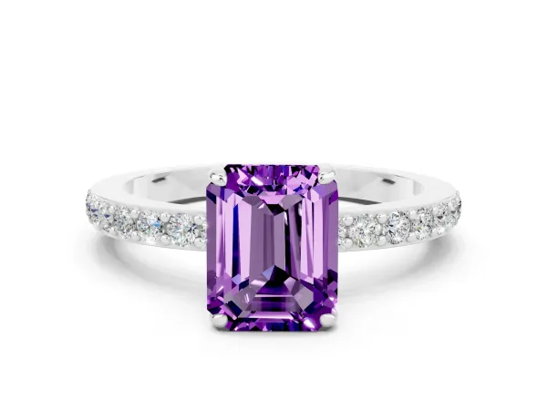 Emerald Cut Amethyst Solitaire Engagement Ring with Pavé Band and Four-Prong Setting Platinum