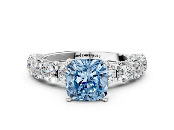 Fancy Blue Cushion Cut Diamond Side Stone Engagement Ring with Four-Prong Setting White gold