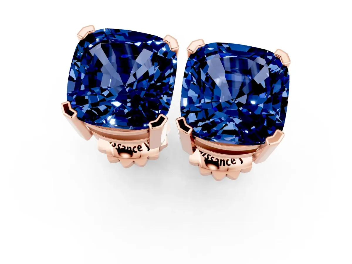 Cushion Cut Blue Sapphire Stud Earrings Rose gold