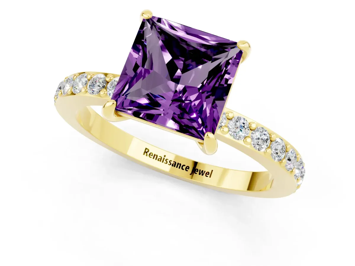 Princess Cut Amethyst Solitaire Engagement Ring with Pavé Band and Four-Prong Setting Yellow gold