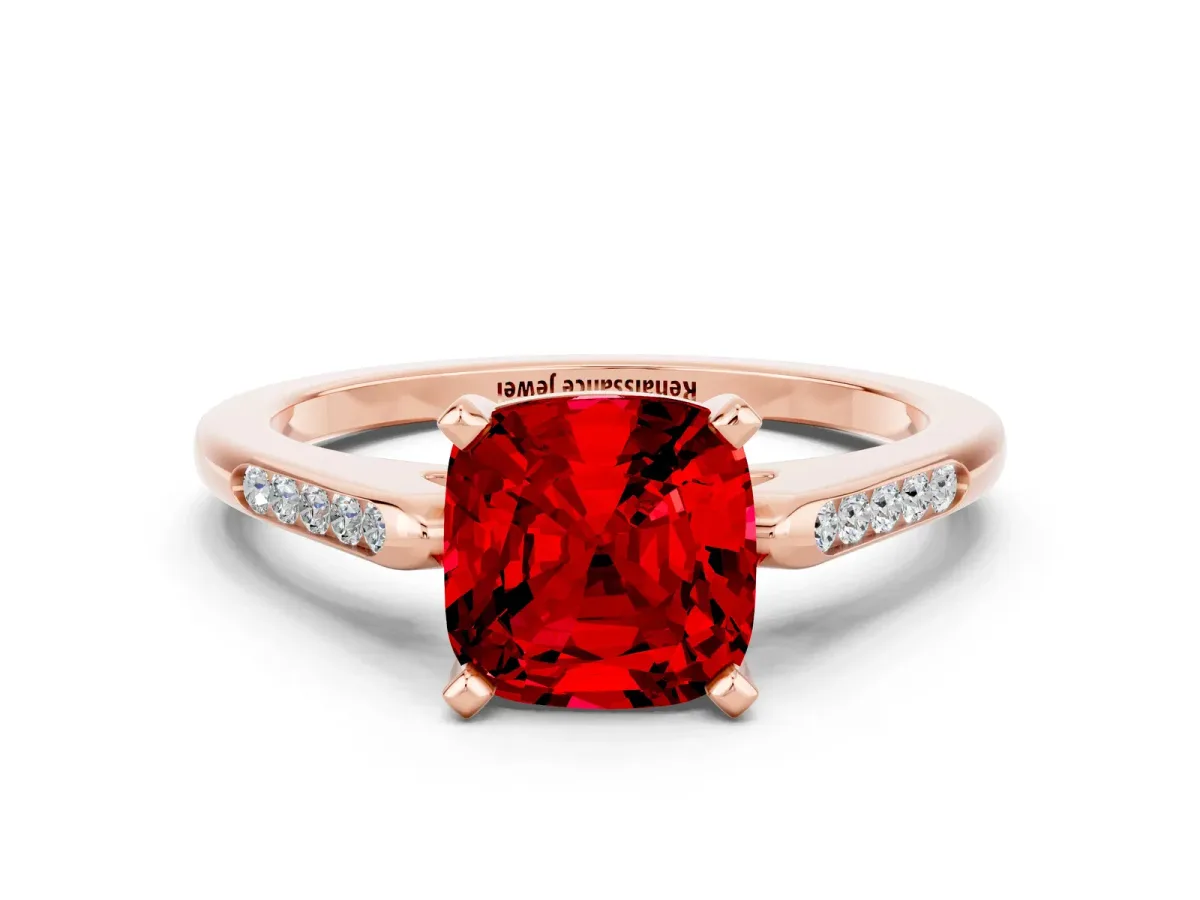 Cushion Cut Ruby Solitaire Ring with Channel Set Round Band and Prong Setting Rose gold