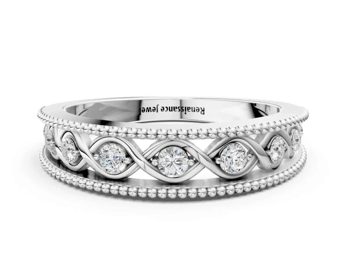 Round Diamond Twist Milgrain Band with Bezel Setting White gold