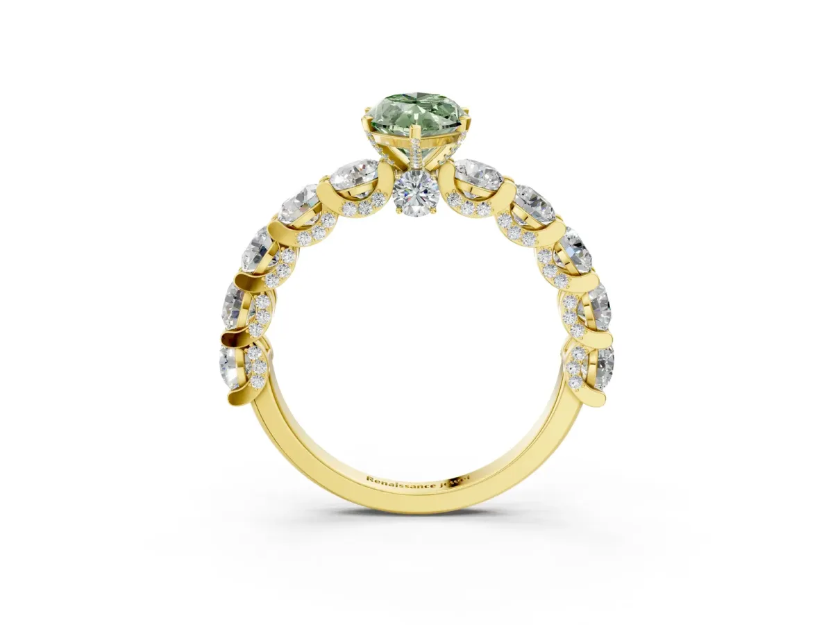Fancy Green Marquise Cut Diamond Side Stone Engagement Ring with Four-Prong Setting Yellow gold