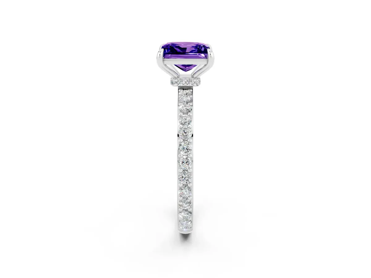 Princess Cut Tanzanite Solitaire Engagement Ring with Pavé Band and Four-Prong Setting White gold