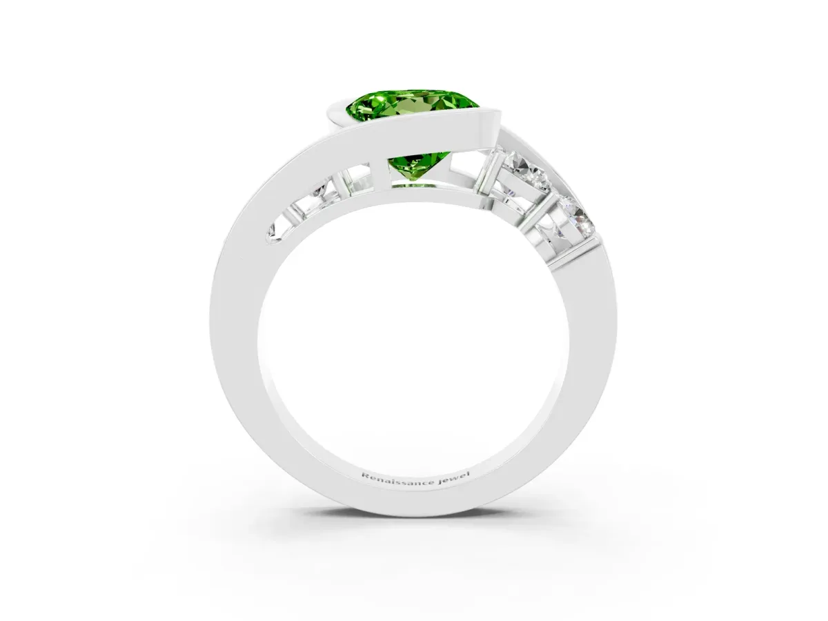 Bezel Set Round Cut Peridot Bypass Ring with Round Accents Silver
